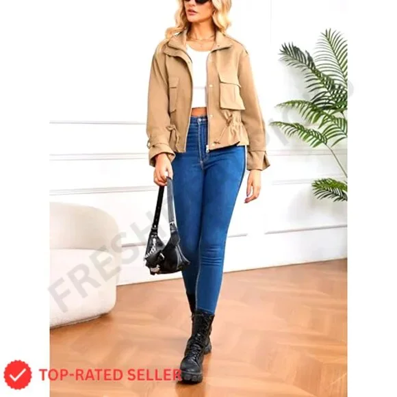 Cropped Bomber Jacket Lightweight Oversized Utility Anorak Coat Women Trendy
